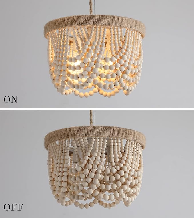 AMZASA Plug in Chandelier Boho Woven Hemp Rope Wooden Beaded Farmhosue Hanging Pendant Light Fixture with 14.8FT Cord On/Off Switch 3 Lights for Nursery Bedroom Living Room Dining Room UL Listed