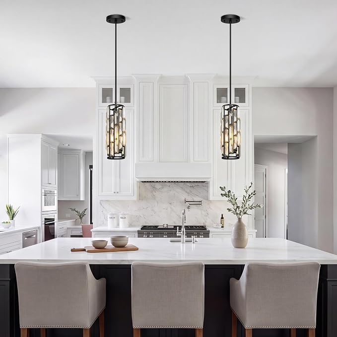 Black Pendant Lights Kitchen Island 2 Pack, Mini Crystal Chandeliers, Modern Pendant Lights Ceiling Lighting Fixtures for Kitchen Island, Dinning Room, Bedroom