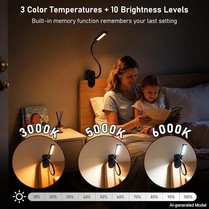Clip on Light, Desk Lamp with Clamp for Bed, Home Office, Craft (Black) | Cordless LED Reading Light with 3500mAh Rechargeable Battery, 3 Color Modes, 10 Brightness Levels, 14-inch Adjustable Neck