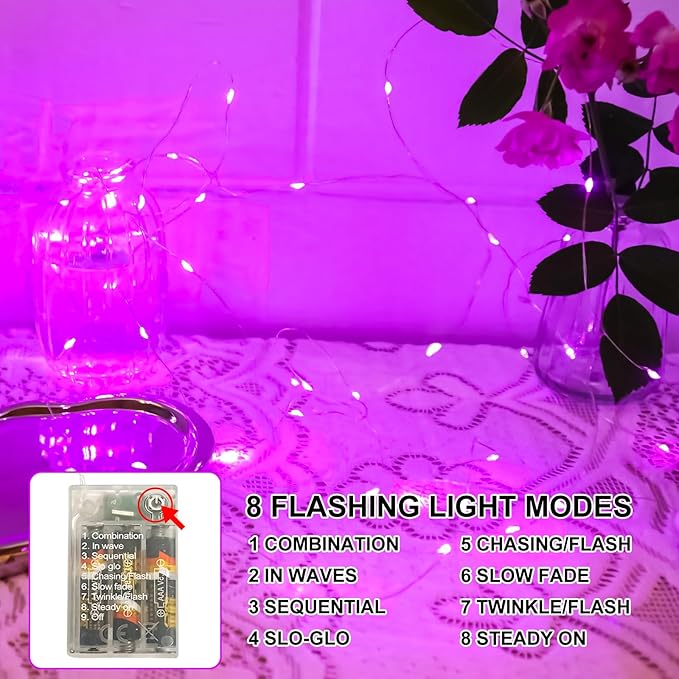 Pink Fairy Lights Battery Operated (Included), 8 Modes & Auto timer, 2 Packs 5m 50Led Mini Twinkle Silver Wire Firefly Starry lights,Waterproof Battery Operated Lights for Tree Bottle Weddings