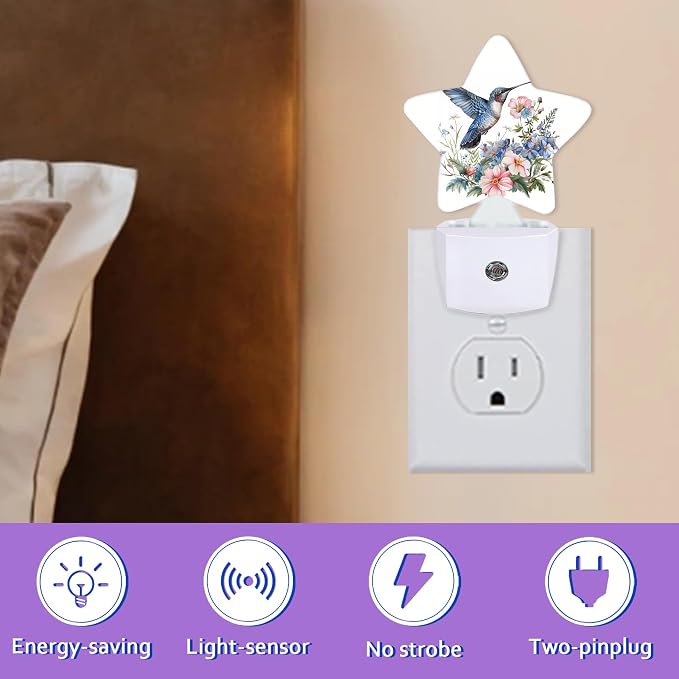 Night Lights Plug Into Wall Decorative,Hummingbird Nightlights for Kids Bedroom, Spring Flowers Energy Efficient Dusk-to-Dawn Sensor Sleep Friendly Lamp for Nursery Bathroom