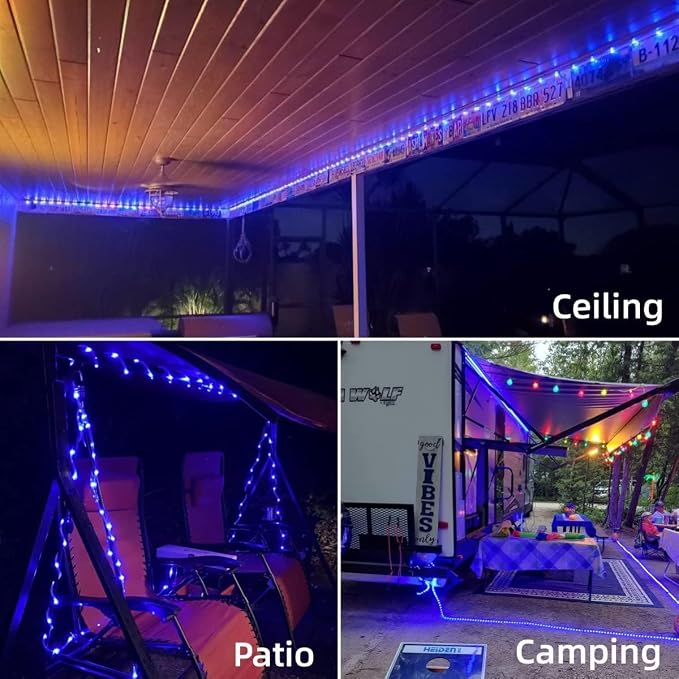YEGUO Solar Rope Lights Outdoor Waterproof, 2 Packs Each 33ft 100 LED String Lights, 8 Modes Fairy Lights in Clear Thin Tube for Camping Fence Patio Garden Trampoline Deck(Blue)