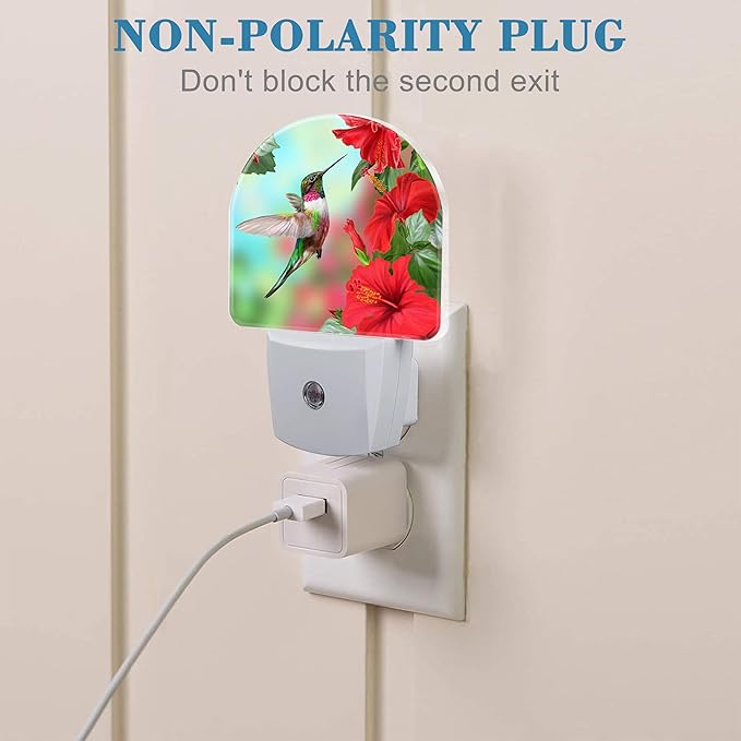 Hummingbird on Lossoming Red Flower Night Light Plug into Wall with Dusk to Dawn Sensor Cute Nightlight for Kid Girls Boys Women Men Room Decor, Hallway, Kitchen, Bathroom, Nursery, Stairs
