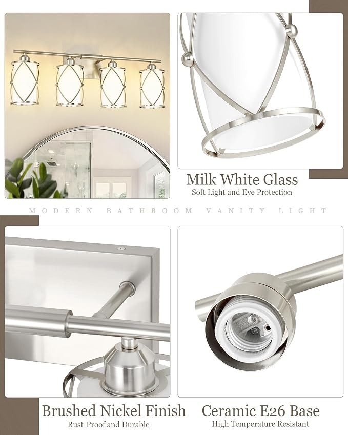 4-Light Brushed Nickel Bathroom Light Fixtures with Milk Frosted Glass, 29" Modern Bathroom Vanity Lighting Fixtures Over Mirror with Metal Cage, Wall Sconce Lights for Bath, E26, CH9176BNW-4W