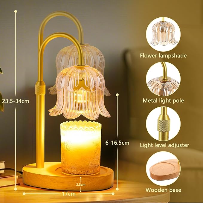 Candle Warmer Lamp Flower Electric Timer - Home Decor Women Birthday Gifts | Dimmable Candle Warmer Height Amber Glass 2 Bulbs For Jar Adjustable Wax House Warming Gifts Her Mom Halloween Christmas