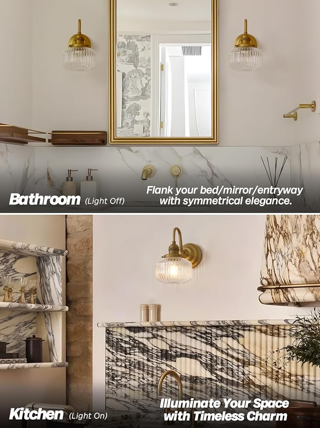 Brass Gold Wall Sconce Vintage Bathroom Vanity Light | Bathroom Sconce,Hardwired Indoor,Aged Brass Finish,Hand-Blown Clear Glass,for Bathroom Mirror Kitchen,E26 Socket