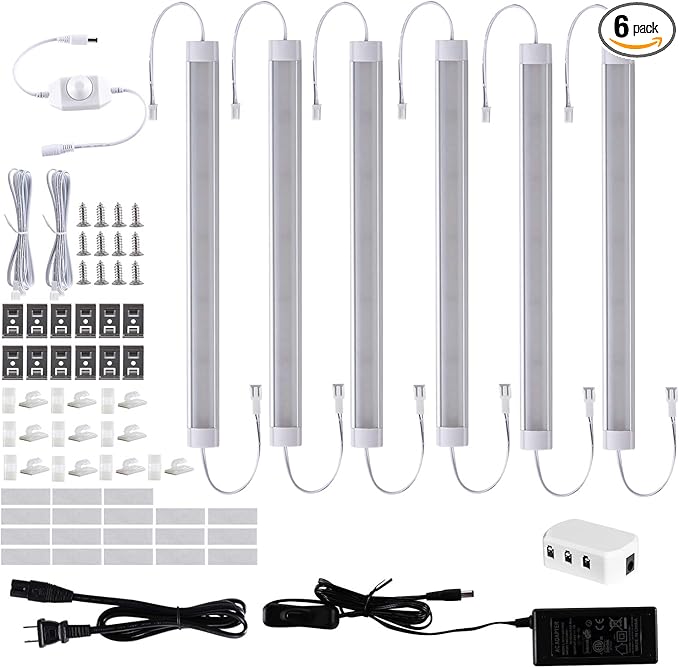 LABOREDUCER LED Under Cabinet Lighting Plug in Warm White 6 Pack,12inches Bar Dimmable Under Cabinet Lights, Under Counter Lights for Kitchen Ultra Slim LED Lights Hardwired Linkable 24V