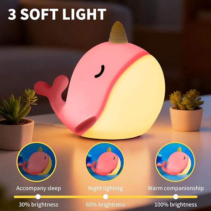Cute Narwhal Night Light, Tap Control with 3 Warm White Brightness, USB Kids Bed Lamp with 30-Minute Timer, Soft Silicone Glow for Nursery, Birthday Gift(Pink Narwhal)