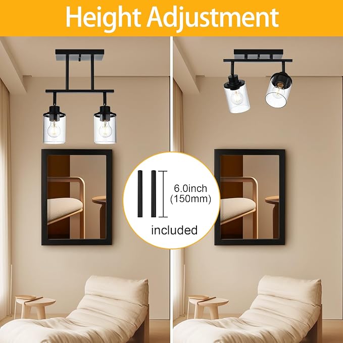 Yaohong 2-Light Kitchen Track Light Fixtures Ceiling Vanity Lights Black, Bathroom Track Lighting Kit with Ajustable Heads, Modern Wall Ceiling Tracking Light for Hallway Shop