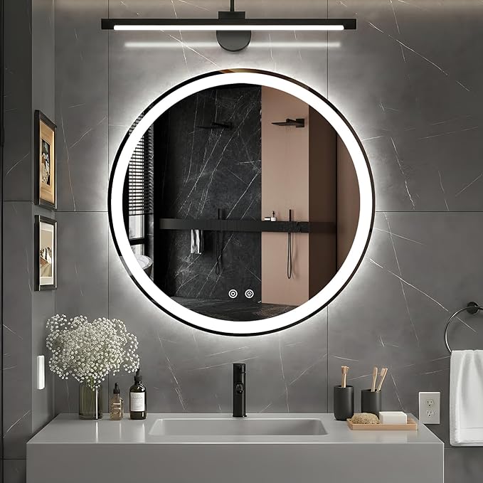DUMOS 28 Inch Round LED Bathroom Mirror with Lights, Circle Vanity Mirror with Anti-Fog, Dimmable, 3-Color Light, Memory Function, Tempered Glass