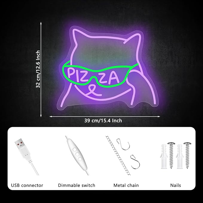 Pizza Sunglasses Cat Neon Sign, Anime Neon Signs for Pizzeria Wall Decor, Dimmable Led Signs for Bedroom, Light Up Signs for Resturant Kitchen Bar Beer Man Cave Party Decorations Gifts