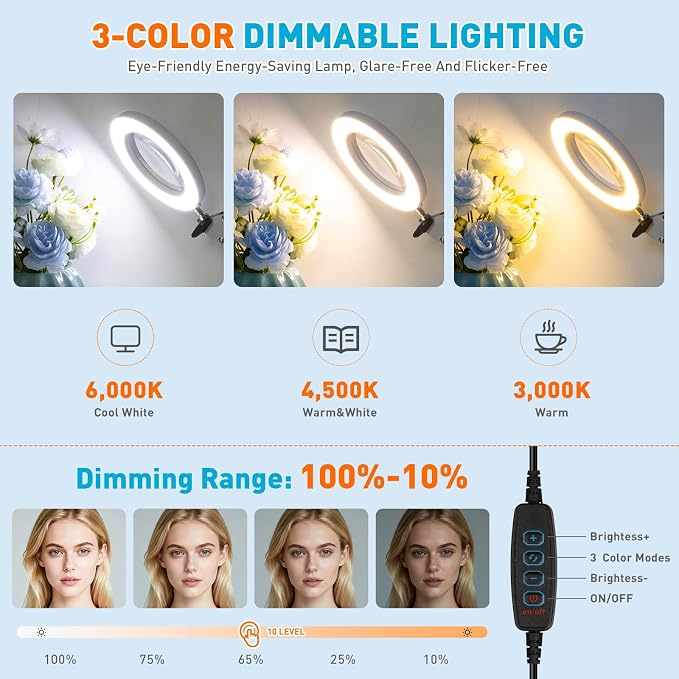 KIRKAS 10X Magnifying Glass with Light and Stand, 2 in 1 Stepless Dimmable | LED Desk Lamp with Clamp, 3 Color Modes Lighted Magnifier Swivel Arm Light for Reading, Craft, Close Works - White