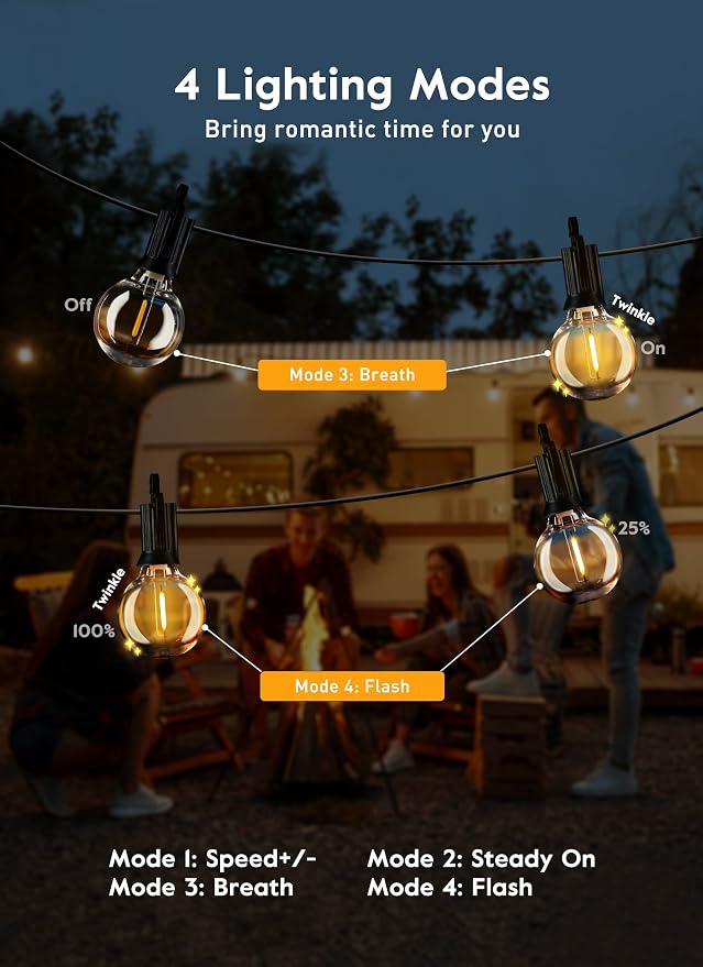 Brightown Outdoor String Lights, 38FT 15 Shatterproof LED Bulbs with Remote, Waterproof Dimmable Patio Hanging Lamps for Porch, Balcony, Bistro, Cafe, Deck, Backyard