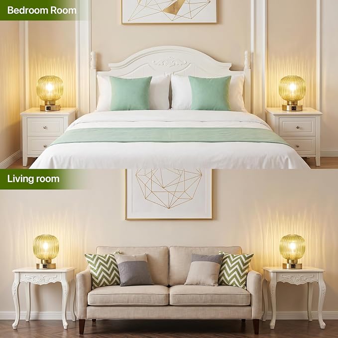 Elenhome Touch Table Lamp Set of 2, 3-Way Dimmable with Glass Shade, USB-C+A Charging Ports, Mid-Century Modern Small Bedside Lamps for Nightstand, Bedroom, and Living Room, LED Bulb Included (Green)