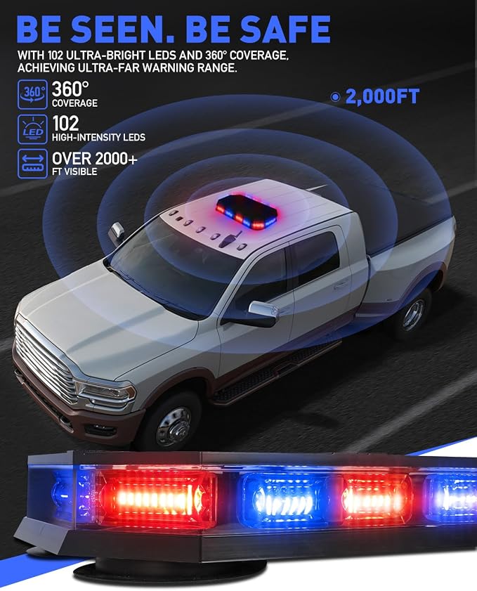 HLauto 406D Rooftop Emergency Strobe Lights Bar, 102 LED Red Blue Mini Beacon Safety Flashing Warning Traffic Lights Bar w/Magnetic Base for 12-24V Trucks, Construction Vehicles, Snowplow, Cars