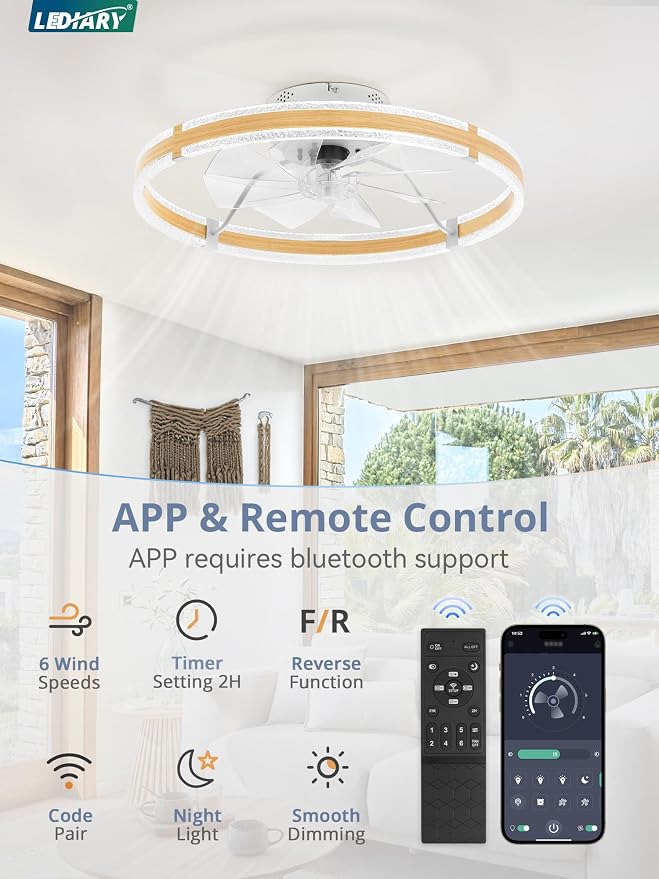 LEDIARY 24'' Low Profile Ceiling Fans with Lights and Remote, Wood Grain | 3000-6000K Dimmable LED, 6 Wind Speeds, Quiet Reversible DC Motor, Small Flush Mount Fandelier for Bedroom, Living Room