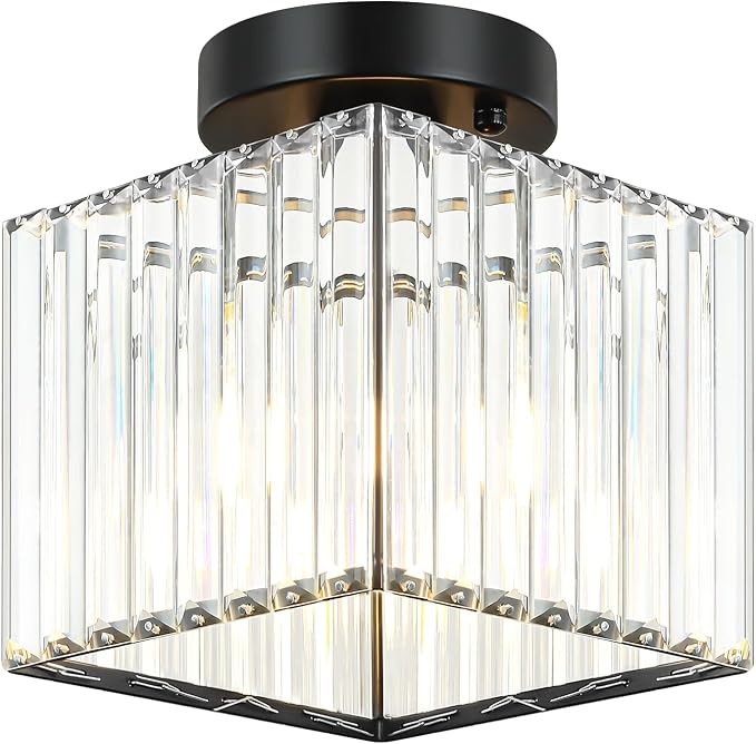 Modern Black Ceiling Light Fixture Crystal Hallway Entryway Light Fixtures | 2-Pack, 7.24 Inch, E26 Dimmable, Bathroom Bedroom Ceiling Light, Kitchen Dining Room Closet Close to Ceiling Light Fixtures