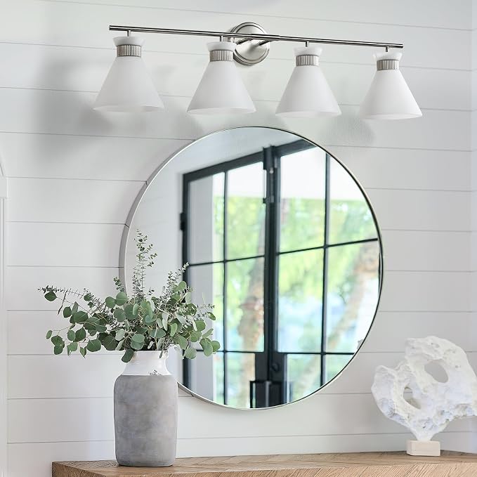 WOSHITU Bathroom Light Fixtures: Brushed Nickel 4 Lights Bathroom Vanity Lights Over Mirror with Milky White Frosted Glass Shade, 36 inch Farmhouse Vanity Lighting Sconce (Exclude E26 Bulb)
