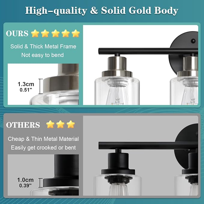 Modern Bathroom Light Fixtures, 3 Light Vanity Lights, Black and Brushed Nickel Wall Lamp with Clear Glass for Bathroom, Mirror, Living Room, Bedroom, Hallway, E26 Base