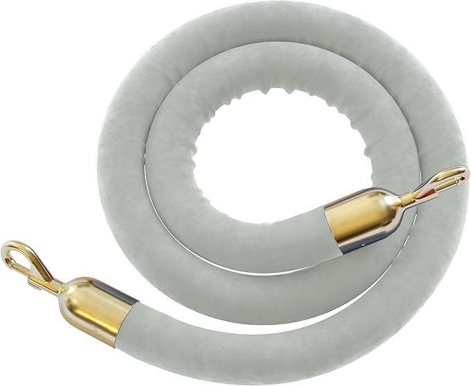 Montour Line Velvet Hanging Stanchion Rope Foam Core, 6 Foot Gray Rope with Polished Brass Snap Ends