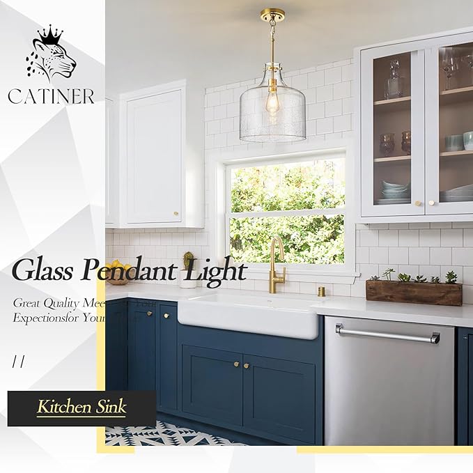 12" Gold Glass Pendant Light, Seeded Bubble Shade Modern Farmhouse Hanging Light for Kitchen Island, Dining Room, E26 Dimmable Ceiling Fixture