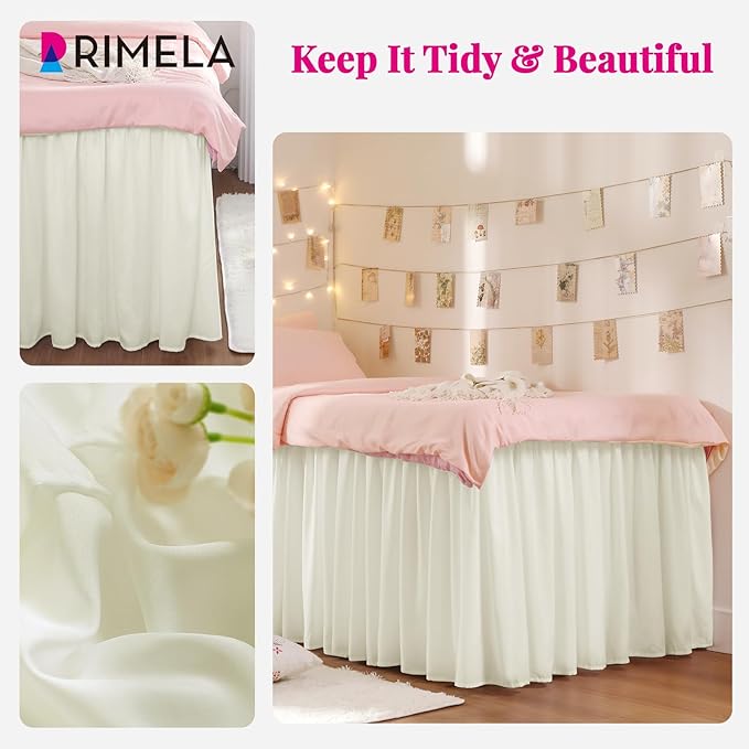 RIMELA Dorm Bed Skirt Twin XL 32 Inch Drop, Easy to Install Extra Long Wrap Around Elastic Dust Ruffle, Cream Bedskirt Solid Silky Fabric Machine Washable (Twin XL 80“L x 39”W & Twin 75“L x 39”W)