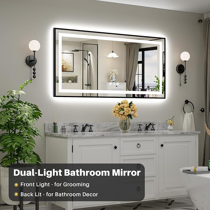 60x30 Inch LED Bathroom Mirror with Black Frame, Backlit & Front Lit | Anti-fog, 3 Color Dimmable, Memory Function, HD Reflection Tempered Glass, ETL Listed, IP54 Waterproof