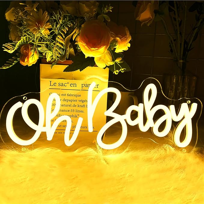 Oh Baby Neon Sign for Wall Decor, USB Powered Light Up Sign for Baby Shower | Warm White Backdrop for Gender Reveal, Birthday Party, Wedding Decorations, 16" x 7"