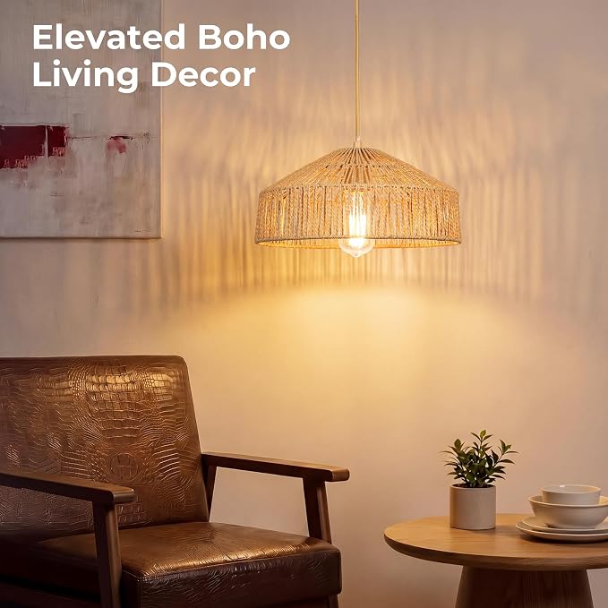 Qingmiao Boho Plug in Pendant Light, Handwoven Shade, 3 Way Bulb, 14ft Cord | Rattan Hanging Lamp Plug in, Dimmable Hanging Light Fixture for Living Room Bedroom Kitchen Ceiling Farmhouse Home Decor