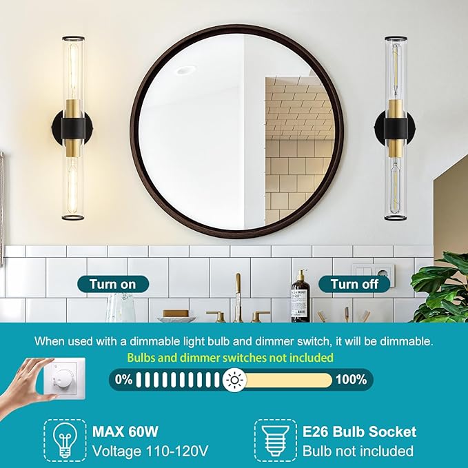 Black and Gold Wall Sconce, Bathroom Light Fixtures in Clear Glass Indoor Wall Sconces, Modern Sconce Wall Lighting Up and Down Vanity Lights Fixtures for Bathroom - Bulb Not Included