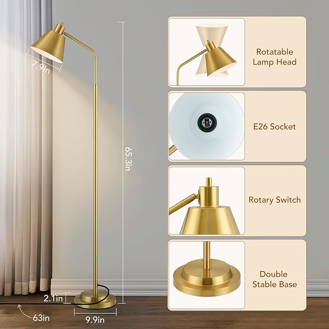 65.3" Floor Lamps for Living Room, Floor Lamp for Bedroom, Dual-Base Industrial Standing Lamp, Adjustable-Head Corner Lamp, Modern Tall Lamp, Living Room Light, Bulb Included, Glod