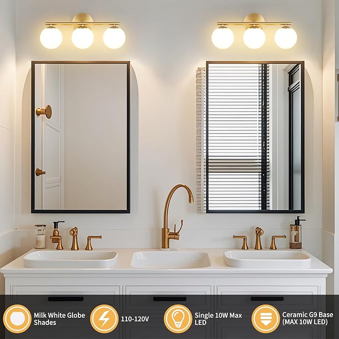 Globe Bathroom Light Fixtures 3-Light Brass Gold Vanity Light with Plastic Milk White Globe Shades 11.81 inch Wall Sconce Lighting Over Mirror, Vanity Lights for Bathroom Bedroom Hallway