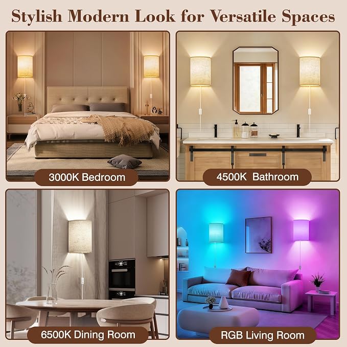 Plug in Wall Sconces Set of Two: Wall Lights with 7 RGB Colors - 3 Color Temperature Wall Mount Lamps with Remote - Fabric Linen Wall Sconc for Bedroom Living Room & Hallway- Indoor Corded Wall Sconce | 3 Color Temperature Wall Mount Lamps with Fabric ...