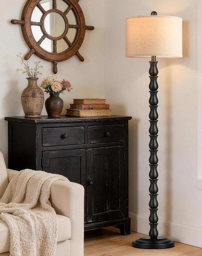 63.5" Rustic Floor Lamp for Living Room, Farmhouse Floor Lamp with Rotary Switch & Linen Shade, Vintage Resin Tall Standing Lamp for Bedroom Corner Office Home Decor, Black (LED Bulb Included)
