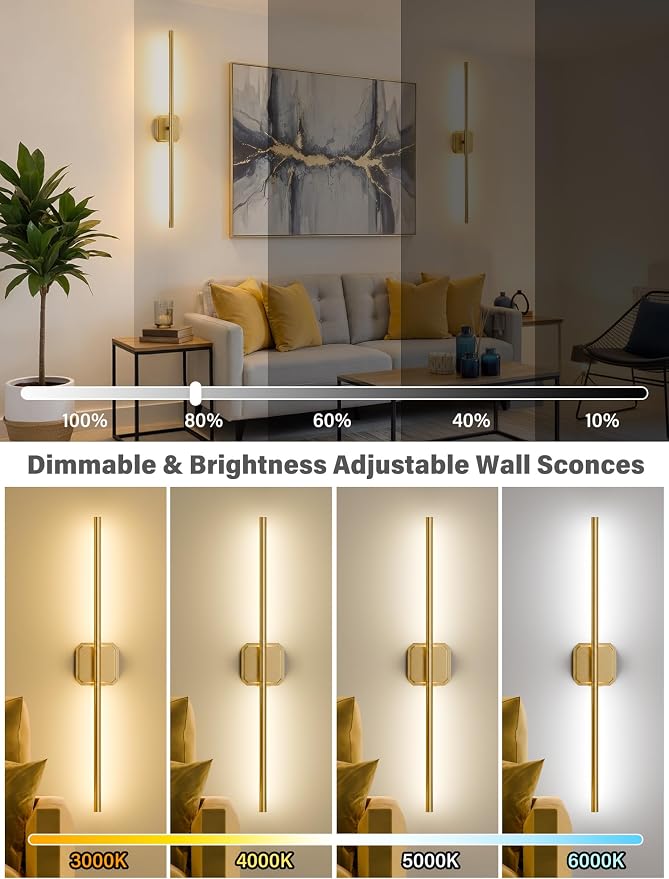 Battery Operated Wall Sconces Set of Two, Wireless Wall Lights Touch & Remote Control Rechargeable LED Wall Lamp 2700K-6000K Dimmable Lights for Living Room Bedroom Bathroom Hallway( 29 ", Gold)