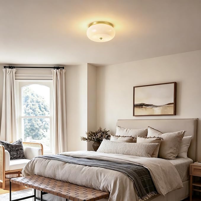 2-Light Brushed Gold Ceiling Light, 11.02 in Milky White Glass Shade | Mid-Century Modern Flush Mount Ceiling Light, E26 Ceramic Socket, Hallway, Kitchen, Bedroom, Bulb Not Included