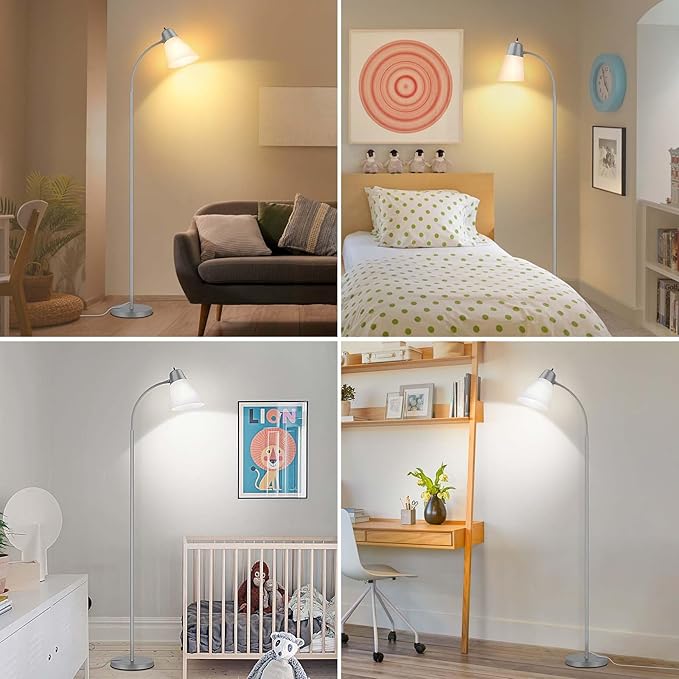 Floor Lamp for Living Room, Adjustable Standing Room Lamp with White Plastic Shade, Grey Reading Floor Lamps for Dorm, Bulb not Included