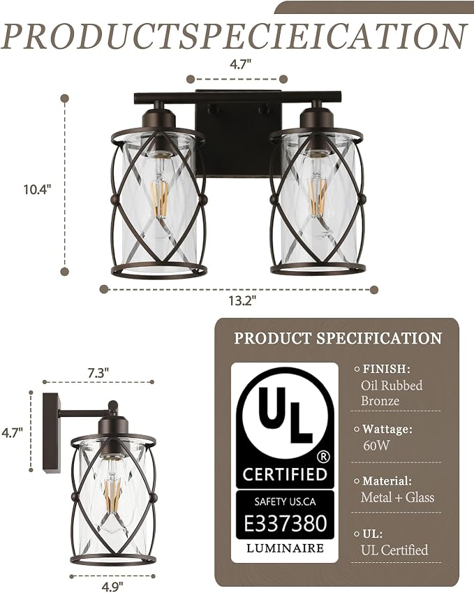 2-Light Oil Rubbed Bronze Bathroom Light Fixtures Over Mirror, 13.2" UL-Listed Modern Farmhouse Wall Sconce Lights with Clear Glass and Metal Cage for Bath, Hardwire E26, CH9176ORB-2W