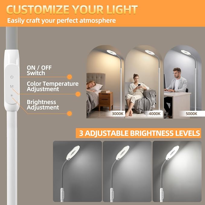 70'' Bright LED Floor Lamp Floor Lamps for Living Room, Office,White | Dimmable & 3 Color Temperature, Touch Control Standing Tall Lamp, Gooseneck Floor Light for Sewing, Craft, Bedroom, Corner