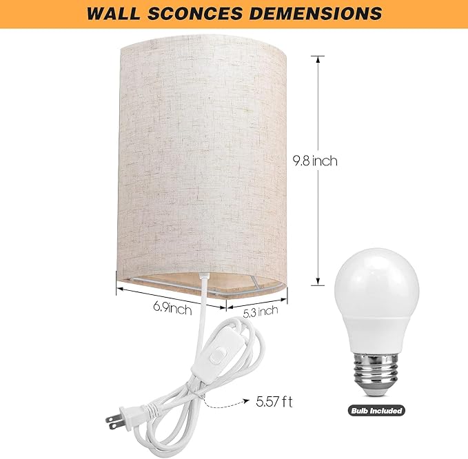 Plug in Wall Sconce, 3 Color Wall Sconces Set of Two, Industrial Lamp | with Plug in Cord, Rustic Wall Sconce Fixture, On/Off Switch Vintage Wall Light Fixture for Headboard Bedroom Porch (Beige)