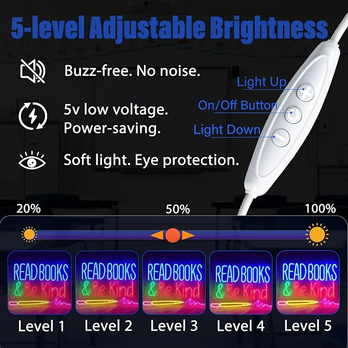 Read Books and Be Kind Neon Sign, Dimmable Classroom Neon Sign Lights, LED Read Books Light up Sign for Library Decor, USB Pencil Neon Light for Kids Teachers Students, Classroom Lights (16.2"×11")