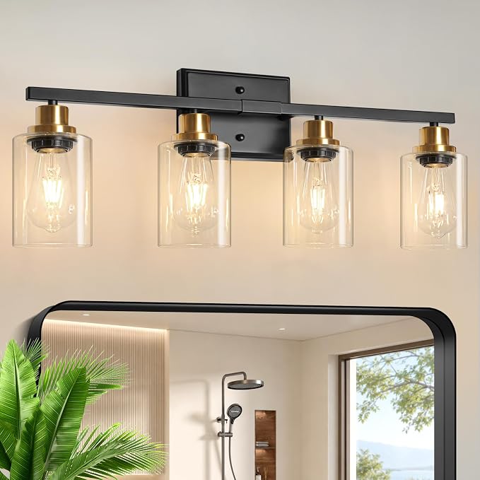 Ascher Bathroom Light Fixtures, 4-Light Vanity Lights with Clear Glass Shade, Modern Black and Gold Wall Light for Mirror Bedroom Hallway Cabinet Porch