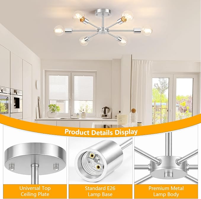 Lomoky 6-Lights Brushed Nickel Kitchen Light Fixtures Ceiling Mount, Modern Semi Flush Mount Ceiling Light, Sputnik Close to Ceiling Light for Bedroom Dining Room Hallway