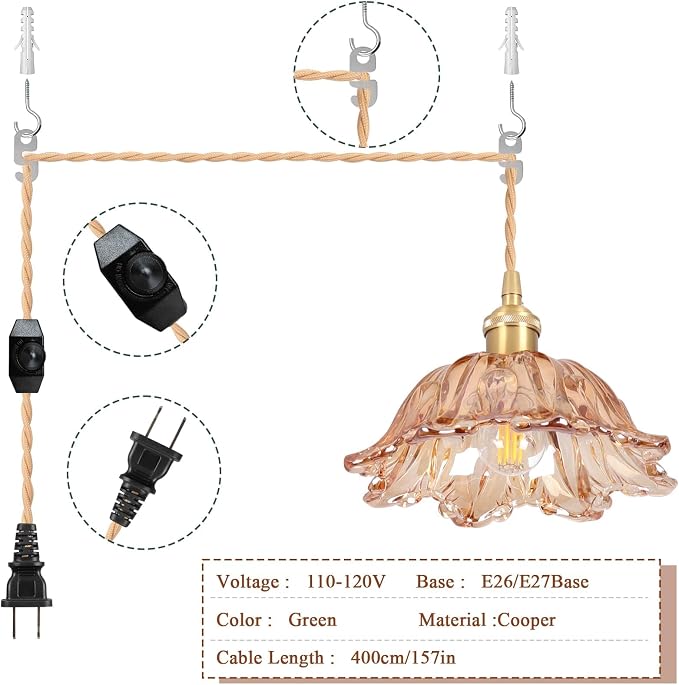 Plug in Pendant Light Fixtures,Hanging Light Fixture Amber Glass Pendant Light 10.6in E26 Pendant Lighting for Kitchen Island, Bedroom, Dining Room, Living Room 2pack