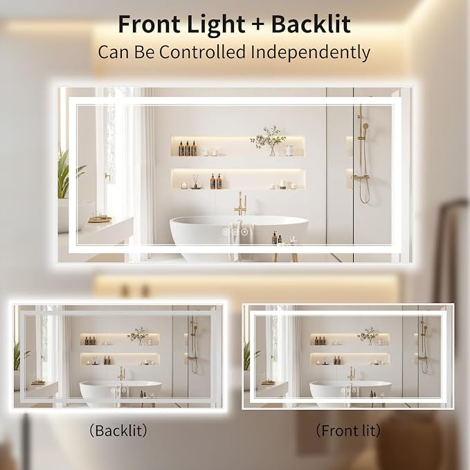 30"x60" LED Bathroom Mirror with Lights, Front & Backlit, Anti-Fog | Lighted Mirror with Dimmable, Aluminum Frame, 3 Color Temperature, CRI 90+, Touch Control with Memory, HD Tempered Glass