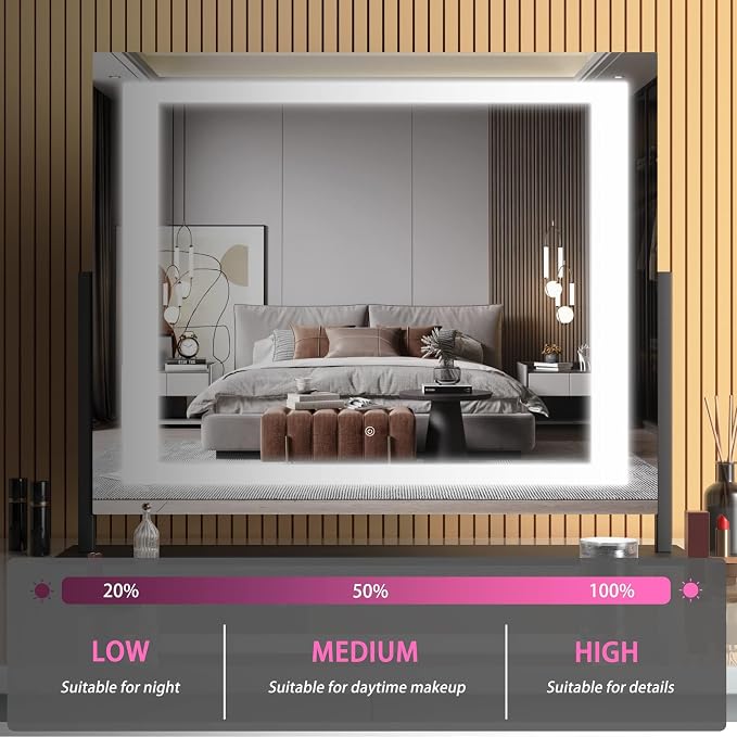 Hasipu Vanity Mirror with Lights, 24.2" x 19.7" LED Makeup Mirror, Light up Mirror with 10X Magnification, Smart Touch 3 Colors Dimmable, Brightness Adjustment, 360° Rotation (Right Angle Black)