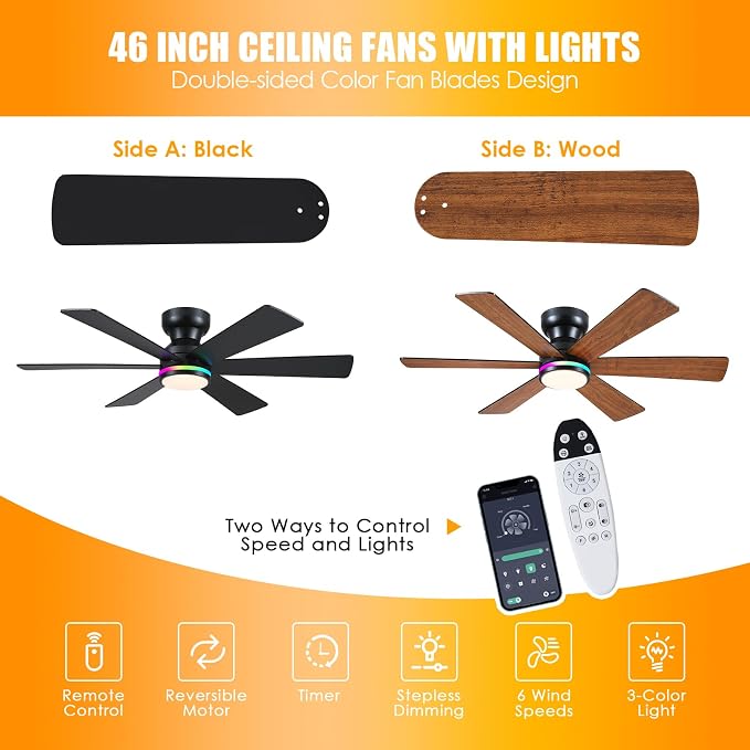 46" 6-Blade Brown Low Profile RGB Ceiling Fan with Light and Remote/APP | 11 RGB Modes,Reversible 6 Wind Speeds,Dimmable 3 CCT LED, 25W Quiet DC Motor,Timer,6 Double-Sided Blades,for Kidsroom Party