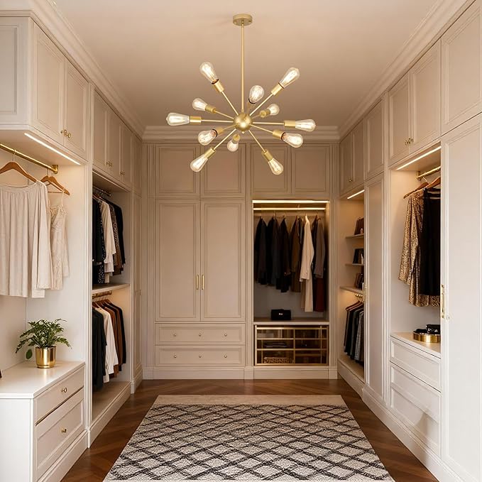Gold Sputnik Chandelier, 12 Light Farmhouse Chandeliers for Dining Room Light Fixtures Over Table, Modern Ceiling Hanging Lighting for Living Dining Room, Kitchen Island, Entryway, Foyer