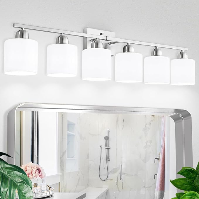 Large Bathroom Vanity Light Fixture, 6 Light Anti-Rust Finish with Milky White Frosted Glass Shades, 38 Inch Bath Light Above Mirror Light Fixture
