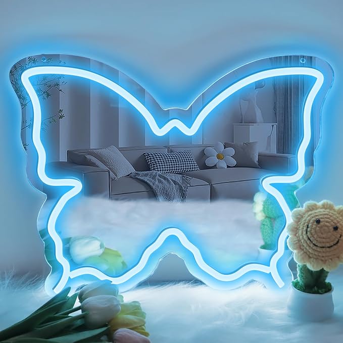 Butterfly Neon Sign Mirror, LED Neon Sign for Wall Decor, 15.7'' x 12'' Dimmable Neon Light for Teen Girls & Kids Birthday Party Gift, Neon Signs for Girl Room Decor, Wall Mirror, USB Powered (Ice Blue)